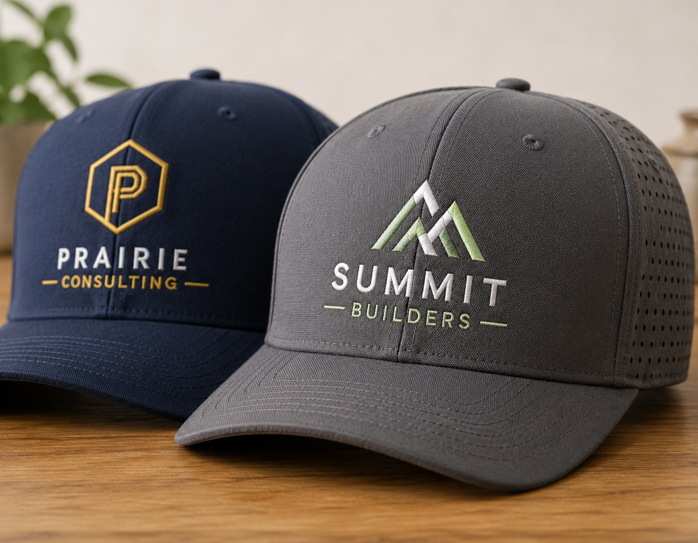 Close up of embroidered hat logo placement and thread detail