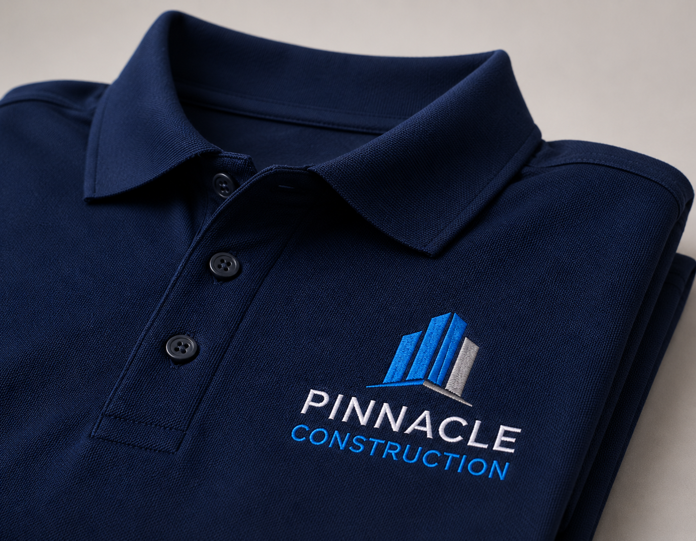 Close up of left chest logo embroidery on a custom polo shirt