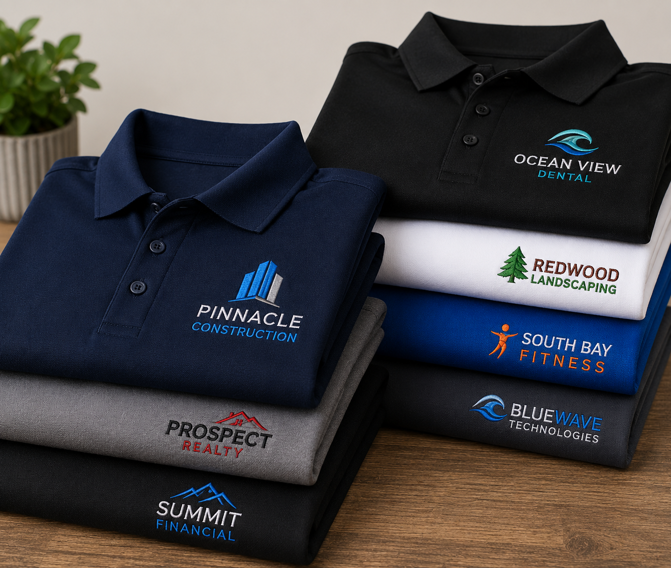 Custom embroidered polos with company logos by West Coast Embroidery