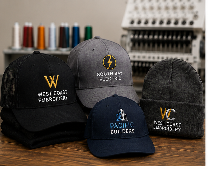 Custom embroidered hats, trucker caps, snapbacks, and beanies by West Coast Embroidery