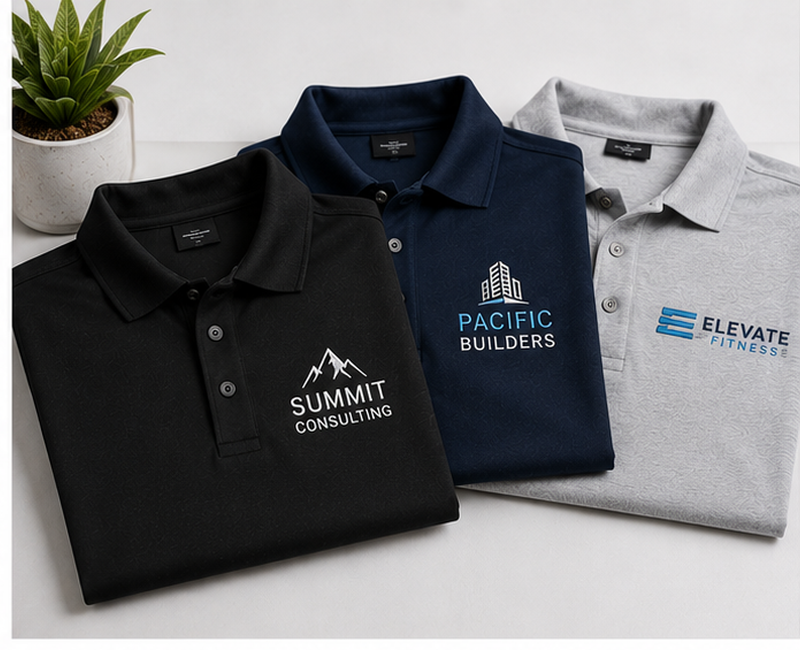 Custom embroidered polos with company logos for businesses, staff uniforms, and teams