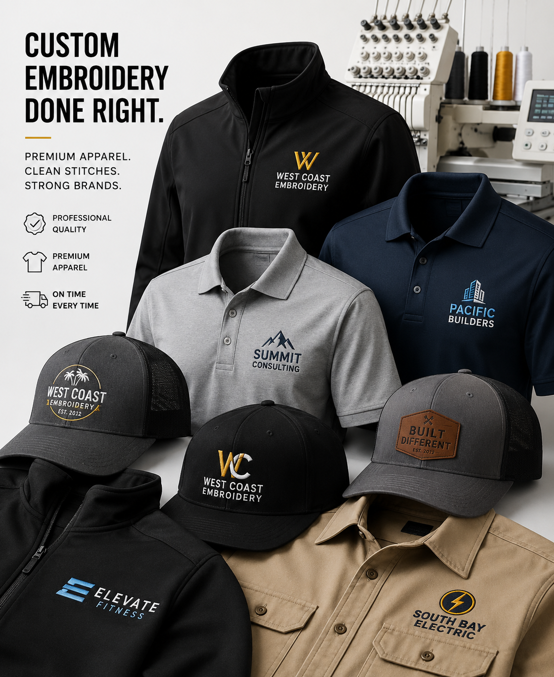 Custom embroidered hats, polos, jackets, and branded apparel by West Coast Embroidery