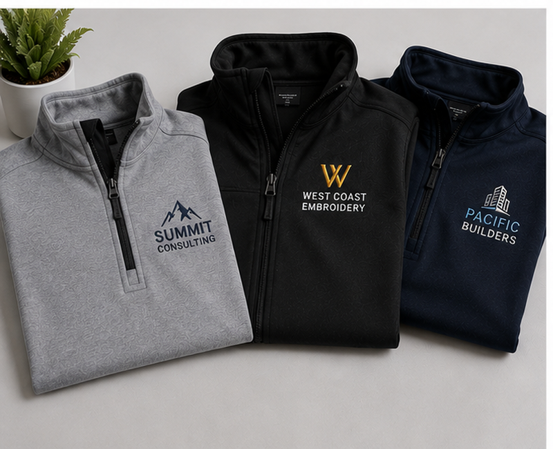 Custom embroidered jackets, pullovers, fleece, and quarter zips with company logos