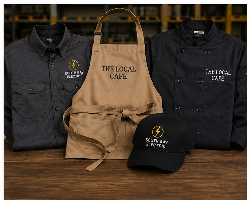 Custom embroidered uniforms, workwear, aprons, work shirts, and staff apparel